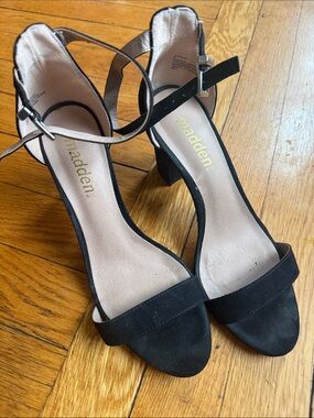 Madden Girl Black Suede Ankle-Strap Block Heels